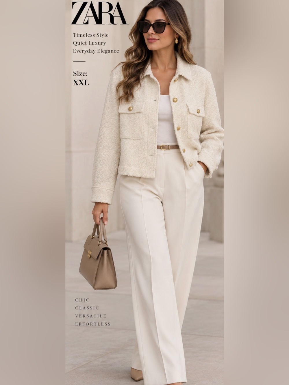 Zara XXL Beige Textured Cropped Jacket Gold Buttons Quiet Luxury